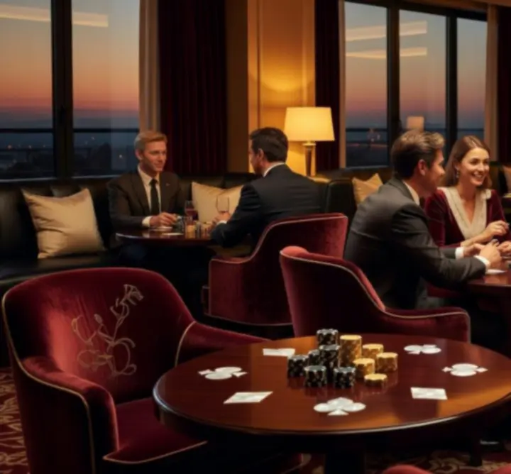 Elegáns, gyertyafényes lounge belső tér burgundi, arany és fekete árnyalatokkal, finom kártyás részletekkel a Varazs Portalban.