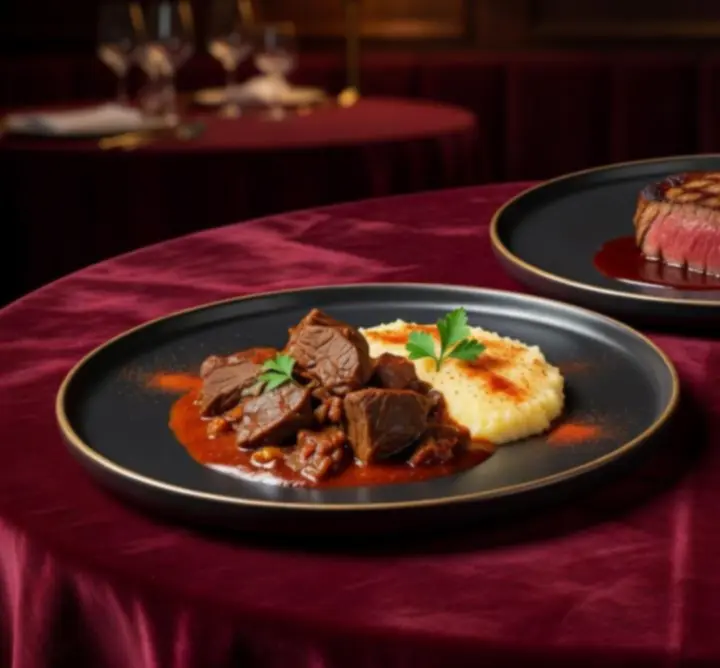 Prémium húsétel fine dining tálalásban a Varazs Portal étteremben.